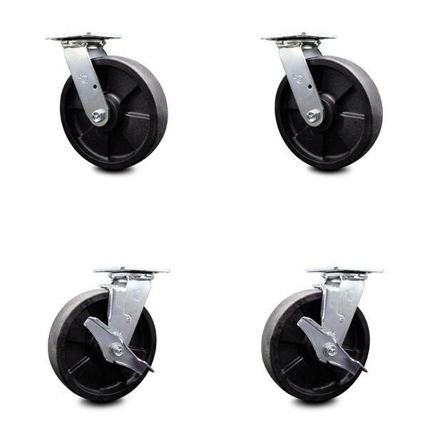Service Caster 8 Inch Glass Filled Nylon Swivel Caster Set with Roller Bearings 2 Brakes SCC SCC-30CS820-GFNR-2-TLB-2 - main